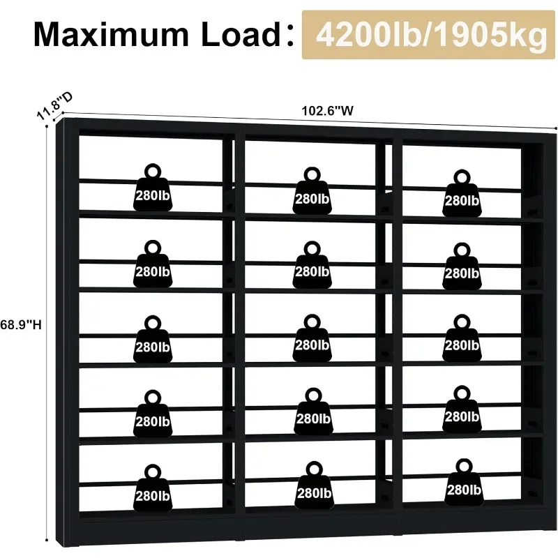 5-Tier Bookshelf, Black Bookshelf with Adjustable Storage Shelves, Freestanding Bookcases and Bookshelves, Wide Bookshelf