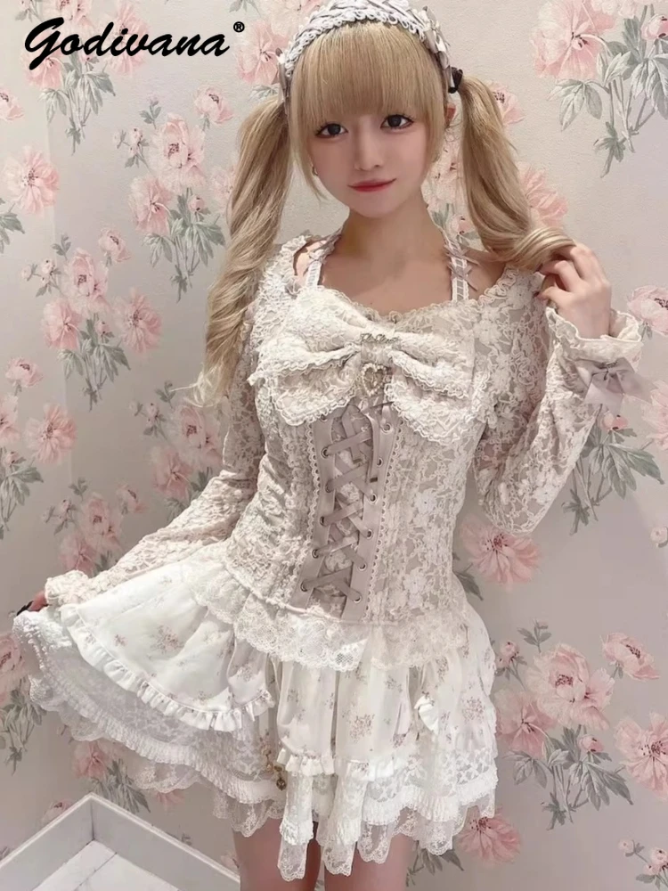 

Женская блузка в японском стиле с большим бантом, стразами в форме сердца, кружевом и длинными рукавами, черно-белая, в стиле ретро