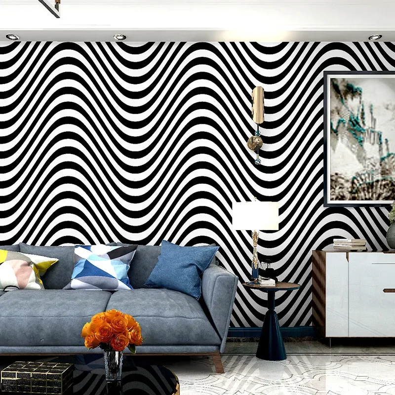 Wavy wallpaper black and white vertical stripe modern simple geometry Nordic style bedroom living room TV background wallpaper