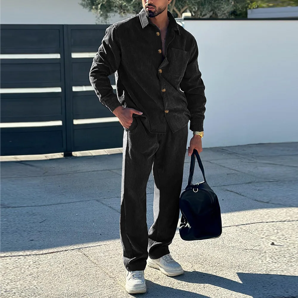 Autumn Winter Men's Multi Pocket Loose Suit Casual Corduroy Cardigan Shirt Long Sleeve And Pants Two Piece Sets