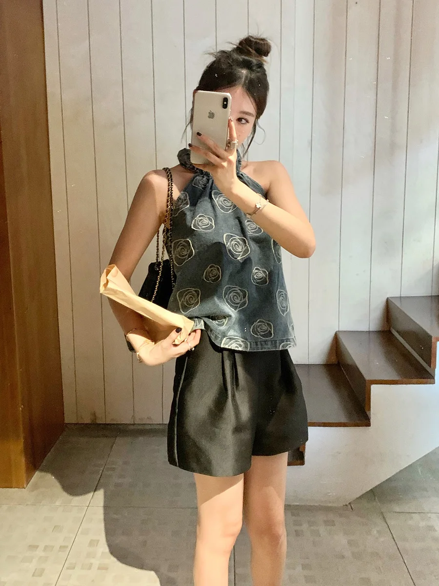 ReddaChic Cowgirl Rose Pattern Halter Top Women Summer Retro Denim Top Off-shoulder Sleeveless Sling Vest Y2k Grayu Streetwear