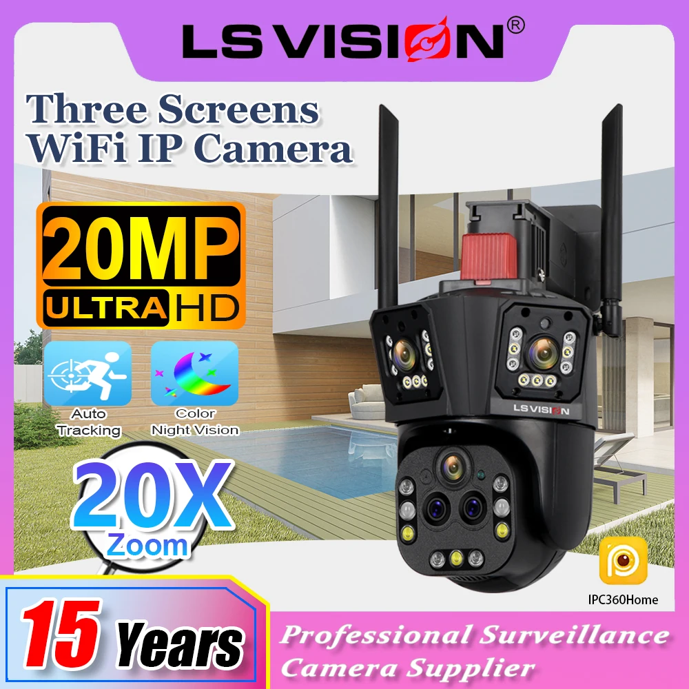 

LS VISION 10K 20X Zoom Surveillance Camera 20MP Three Screen WiFi IP Camera Two Way Talk Waterproof Auto Tracking CCTV Cameras