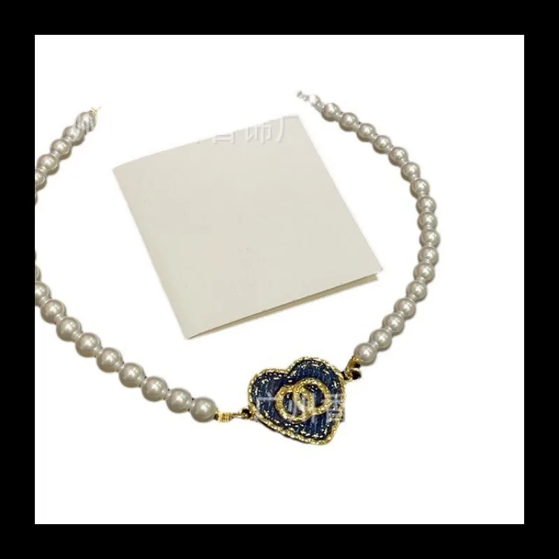 القرون الوسطى Xiaoxiang الدنيم الأزرق الخوخ القلب اللؤلؤ قلادة الكلاسيكية الفرنسية خمر تنوعا سلسلة الترقوة النساء #5