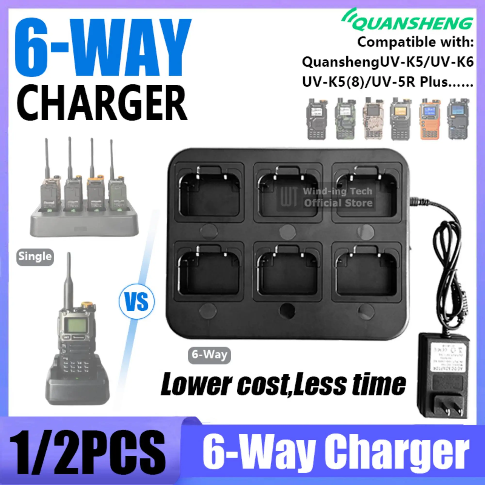 

Quansheng UV-K5 UV-K6 Walkie Talkie Six-Way Charger Base For UV-5R Plus UV-K5(8) Two Way Radio 6-Slot Desktop Charger Accessory