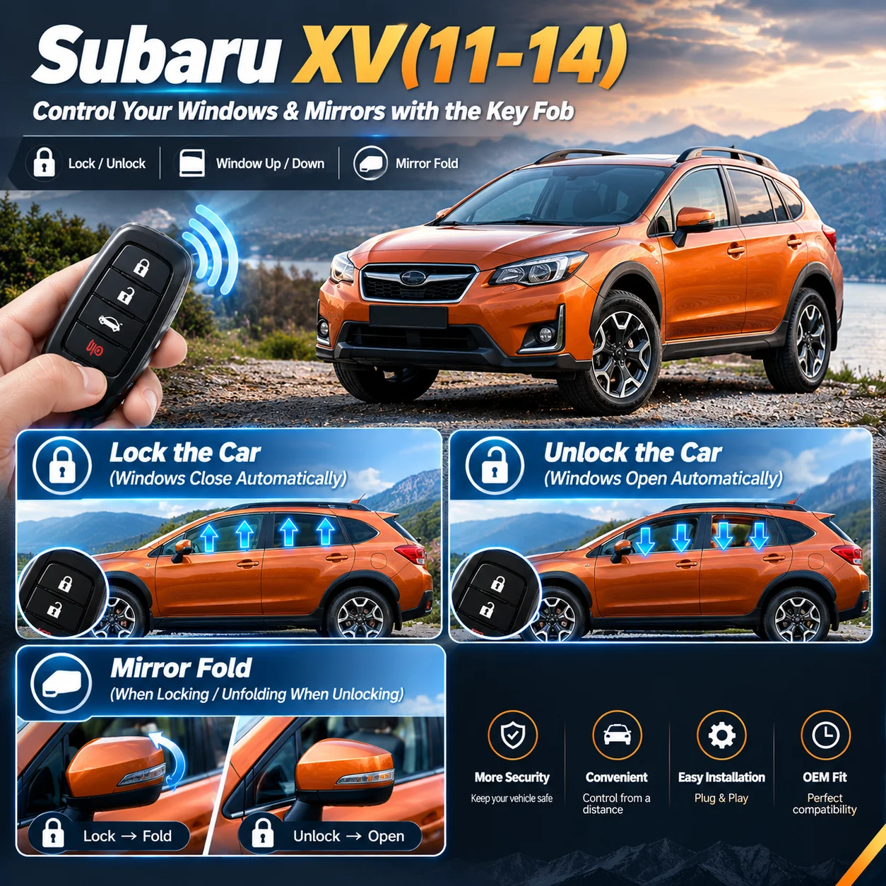Suitable for Subaru XV (2011–2014): automatic window roll-up and side mirror folding upon locking.
