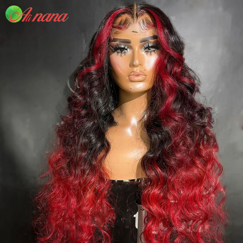 

5x5 Lace Closure Ombre Red Colored Loose Deep Wave Curly Pre-Plucked 13x6 Lace Frontal Wigs Human Hair Wigs For Women 30 Inches