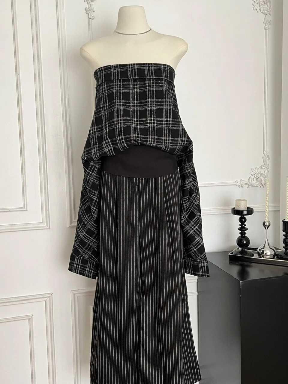 

Свободный крой в клетку на одно плечо, длинный топ, женские длинные брюки в полоску, комплект Faion, простая зимняя коллекция Sle