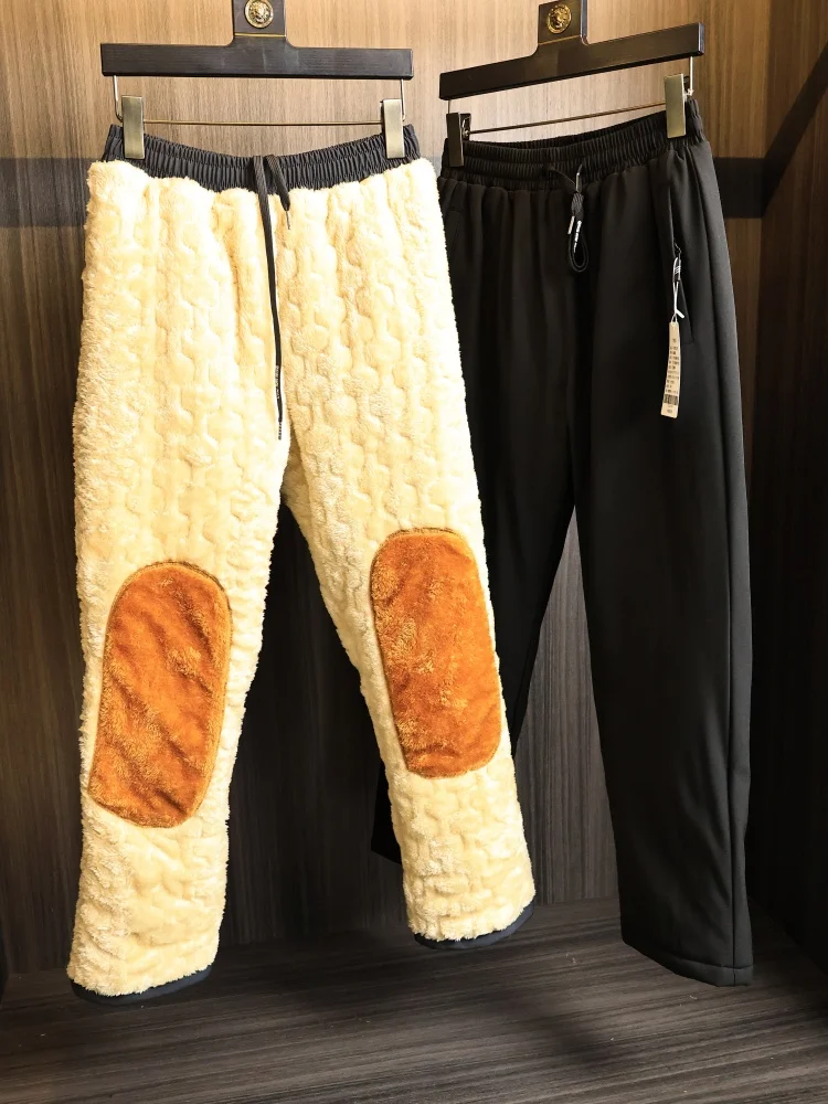 

Men's Faionable Cotton Pants Autumn Winter Fce Lined Waterproof Straight Leg Thermal Knee Patch Quilted Long Trousers