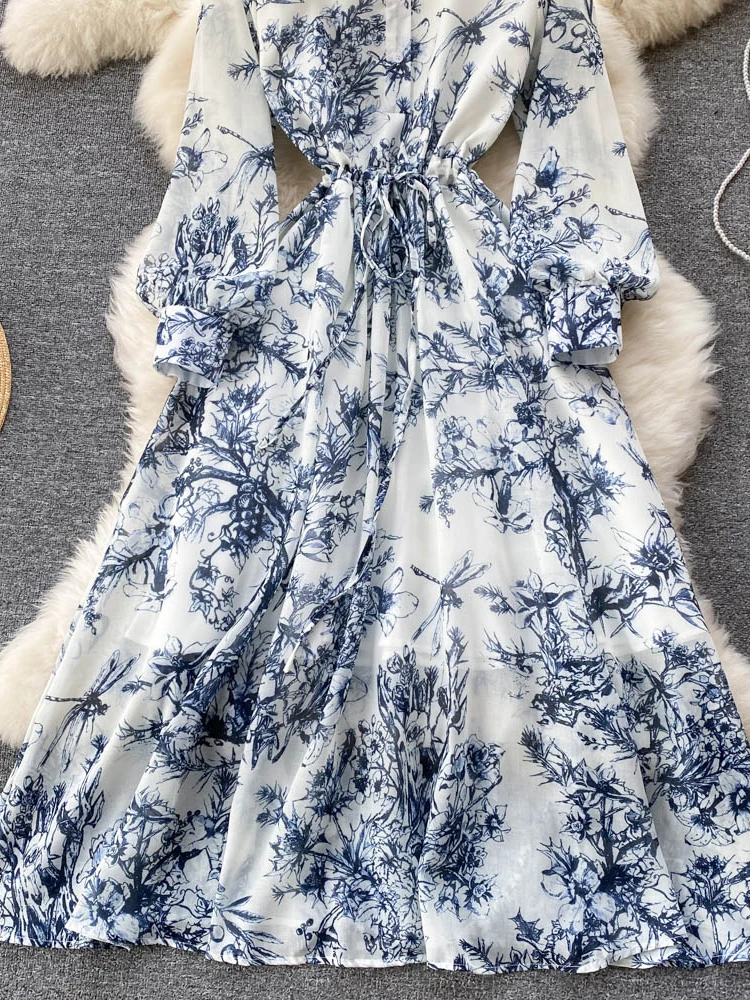 EWQ Stand Contrast Color Print With Belt High Waist A-line Vestidos Sweet Style Women's Dress Winter Spring 2024 New 27SN5391