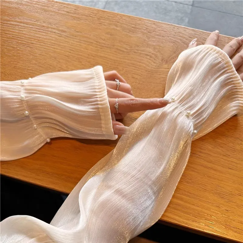Influencer-style Pearl Mesh Sun-protective Arm Sleeves for Women Cool Summer Driving Gloves with UV Protection Fashionable