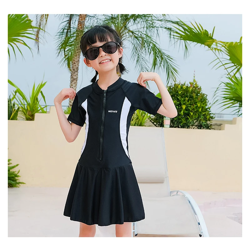 Girls One Piece Swimsuits Sports Skirted Bathing Suit for Kids Toddler Summer Swim Dress Short Sleeve Swimwear Matching Family