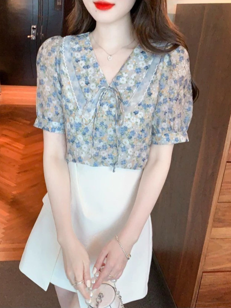 

Женская шифоновая блузка с цветочным принтом, воротником Питер Пэн и завязками, французский винтажный стиль, новинка лета 2026, элегантная универсальная модель с коротким рукавом
