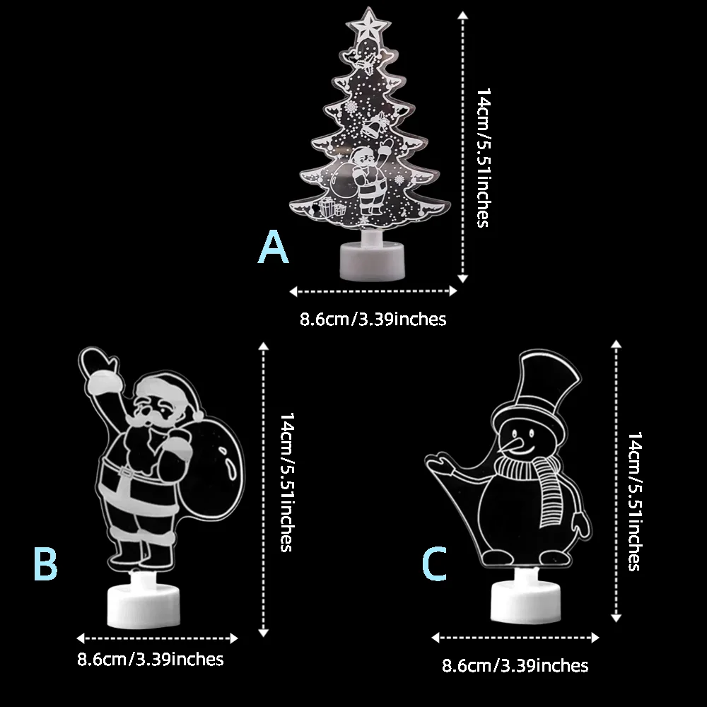 مجموعة زينة شجرة عيد الميلاد المضاءة من الأكريليك مكونة من 3 قطع، ضوء ليلي LED ملون لتزيين حفلات عيد الميلاد المنزلية