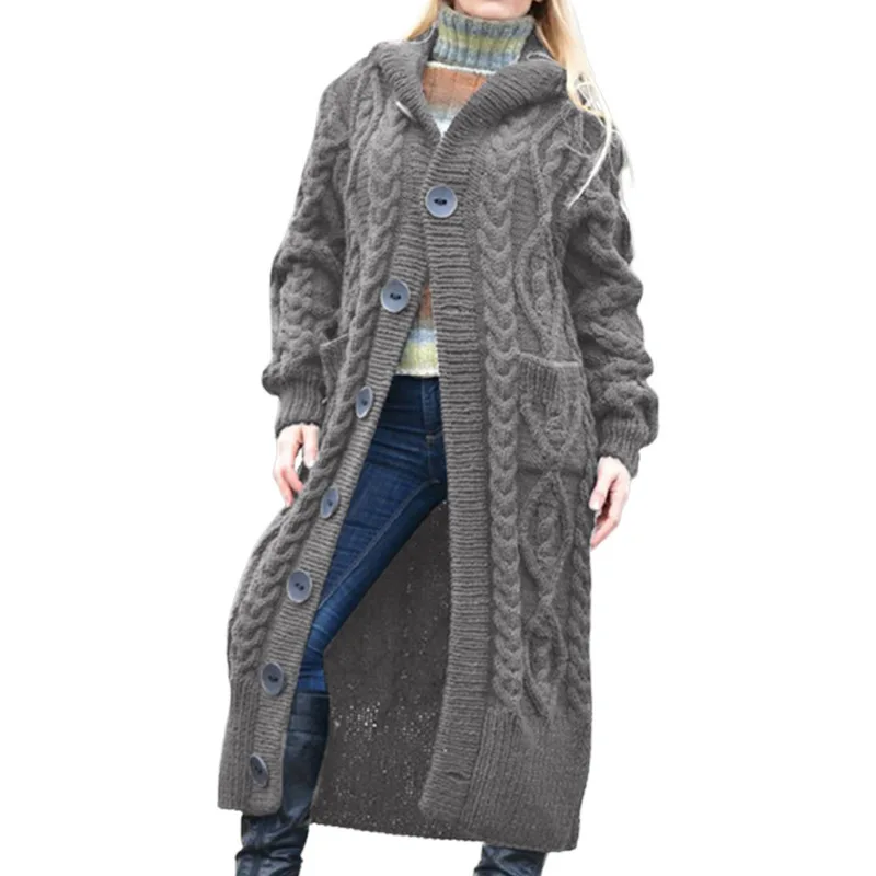 Twist Knot Pocket Loose Button Sweater Cardigan Coats Autumn Winter Female Knitted Trench Hoodie Coats