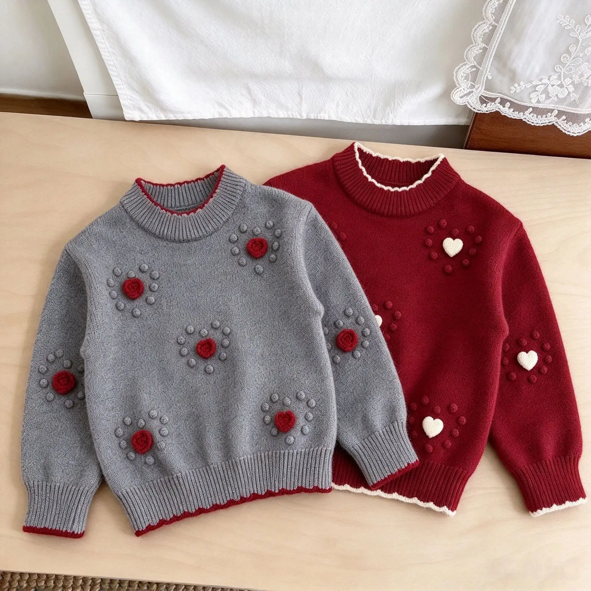2026 New Sweet Kids Sweater 3D Heart Shape Handmade Pom Pom Knit Pullover Soft Warm Autumn Winter Student Girls Knitwear JY10093