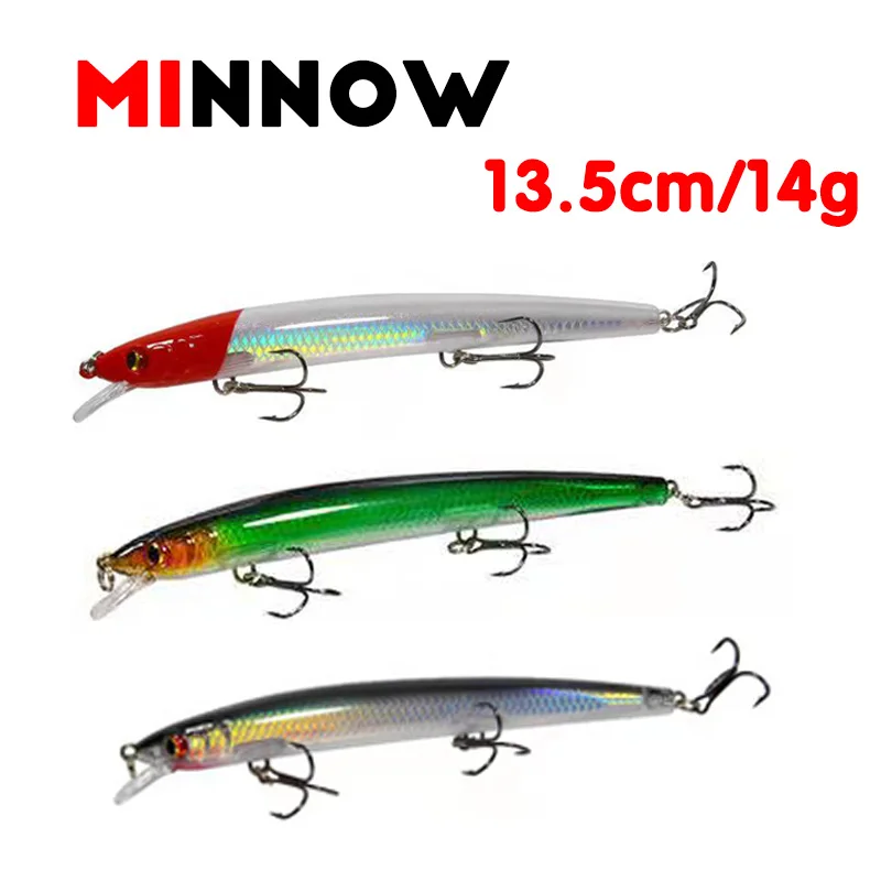 1PCS Fishing Lure Minnow 13.5cm 14g Fake Baits Long-Range Floating Water 10 Colors  Swimming Bait Sea Bass Pike Fishing Tackle