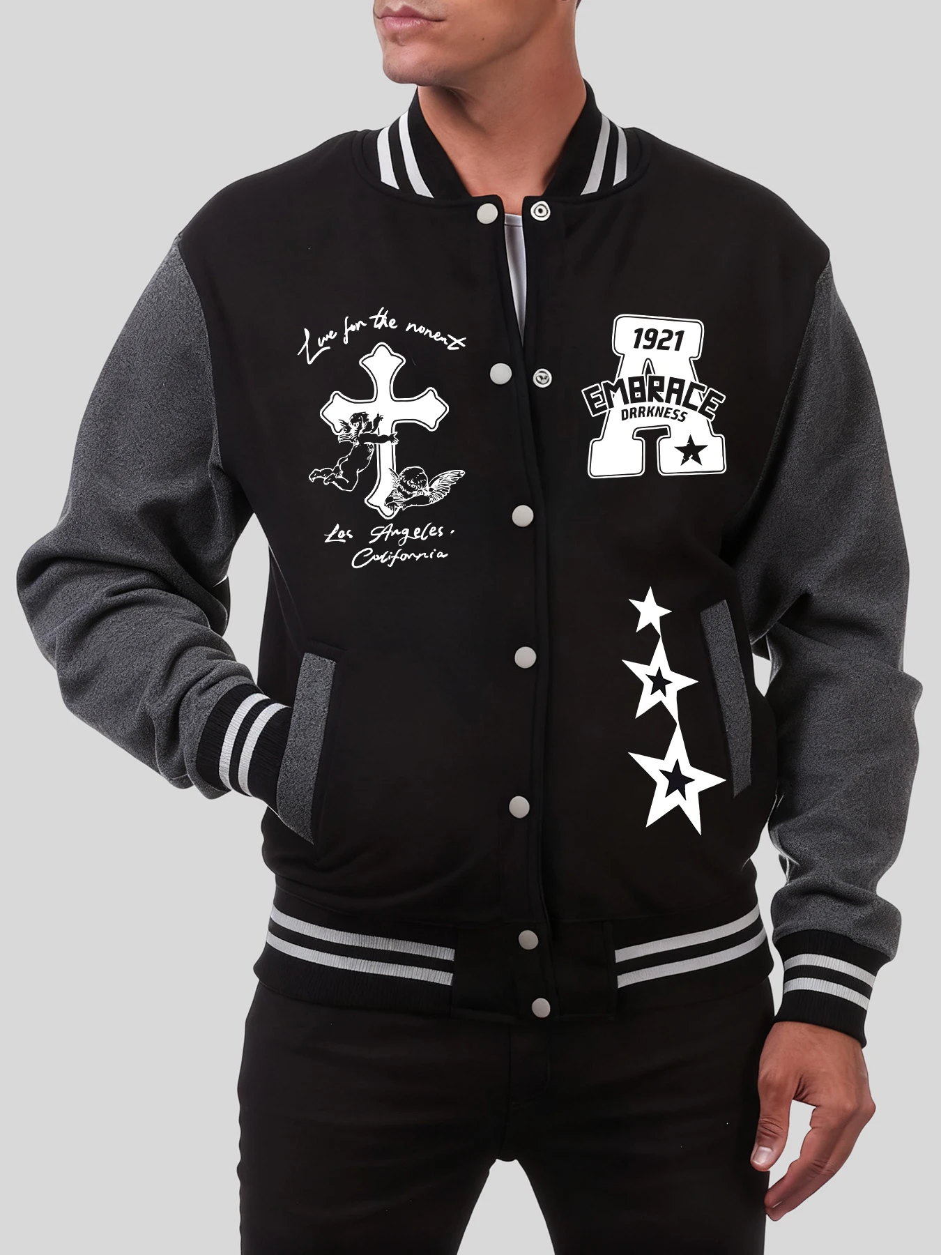 

1921 Embrace Drrkness A Print Jacket Men Autumn Oversized Baseball Uniform Casual Fleece Streetwear American Button Unisex Coat