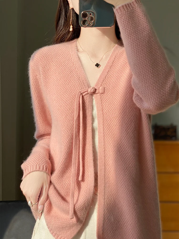 Cárdigan de lana con cuello en V para mujer, ropa de punto abierta, Tops de manga larga, moda coreana, exteriores nuevas prendas de vestir, Primavera