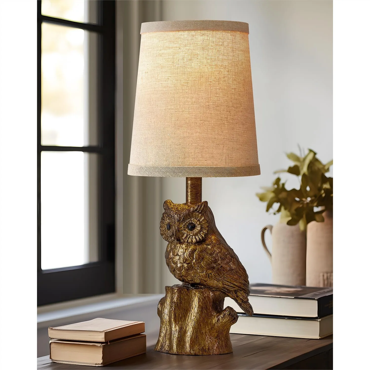 

14.25 Inch Small Table Lamp For Living Room Farmhouse Bedside Resin Single Lamp With Gold Owl Shape Retro Nightstand Lamp
