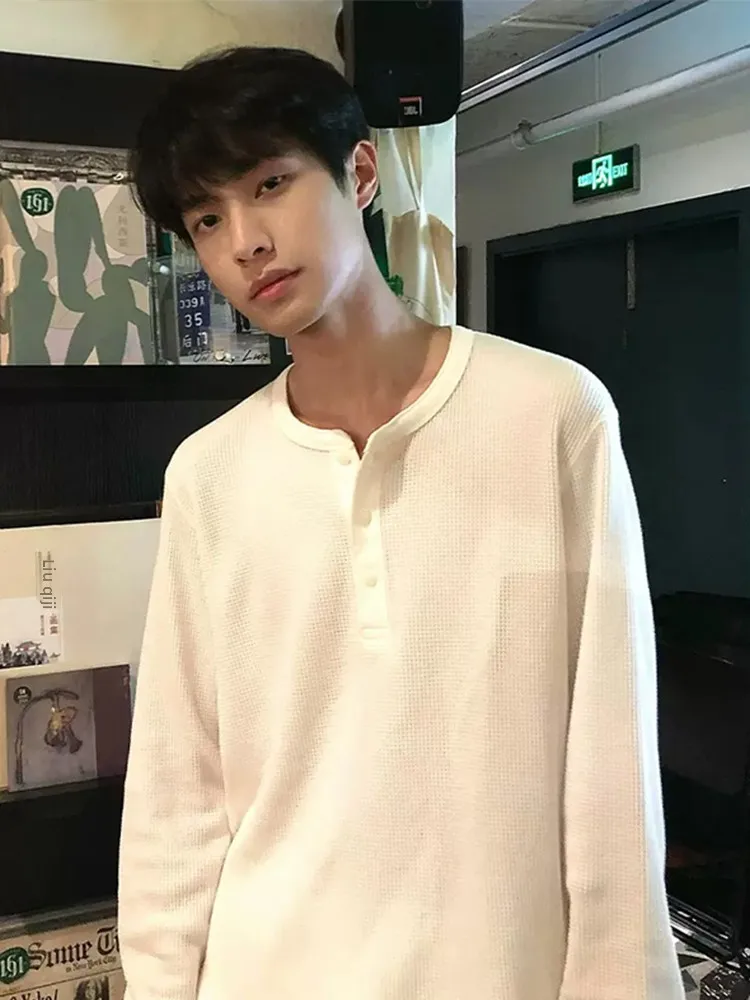 

Легкая мужская футболка с длинным рукавом и V-образным вырезом, с воротником Хенли, для весны и осени, базовый слой, свитшот с круглым вырезом