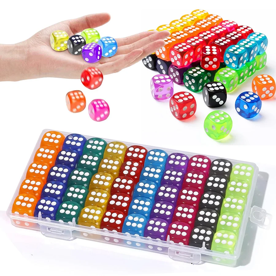 51 قطعة النردات الشفافة الملونة مع صندوق تخزين مجموعة 14 مللي متر الاكريليك السائبة 6 الوجهين النردات لألعاب المجلس الرياضيات التعلم الفصول الدراسية JXB