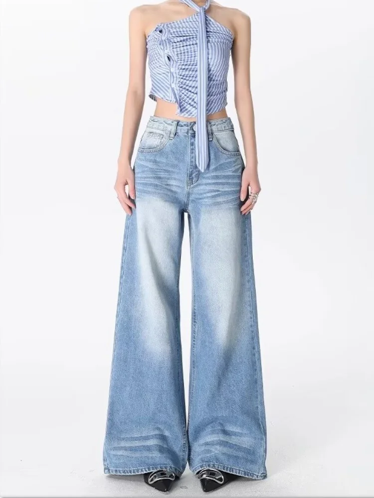 女性のパンツ Y2K ブルー秋ヴィンテージクラシックルーズ女性ジーンズシンプルなボタンファッションカジュアル全身ストレート女性ジーンズ