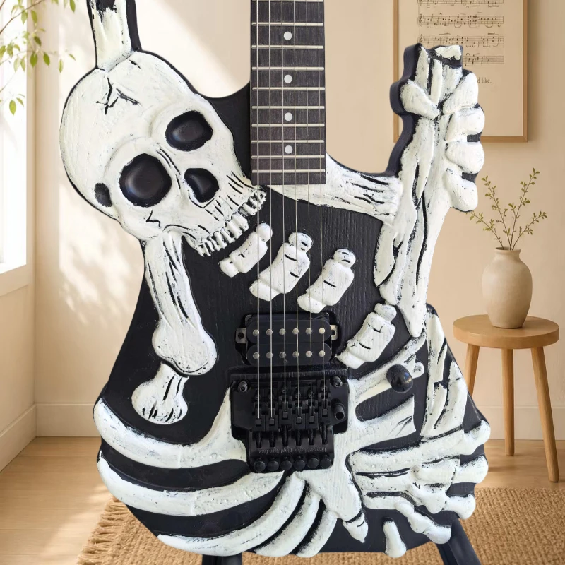 Matte Black Finish 3D Skull Sculpted Relief on Body Alien Shape Electric Guitar Equipped with Double-Locking Tremolo System