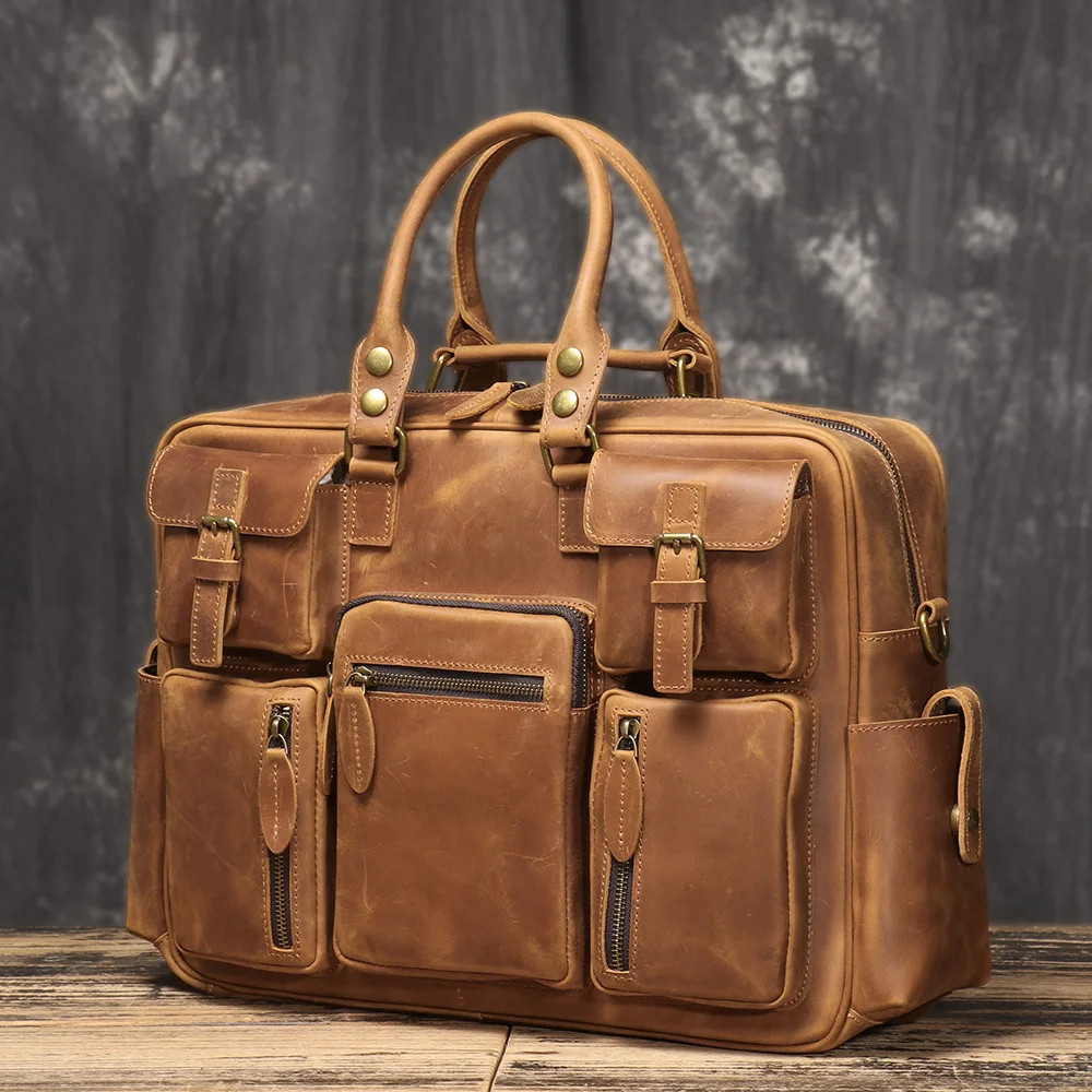 New Vintage Large-Capacity Shoulder Bag, Fashionable Crazy Horse Leather Business Men's Briefcase, 17-Inch Laptop Bag