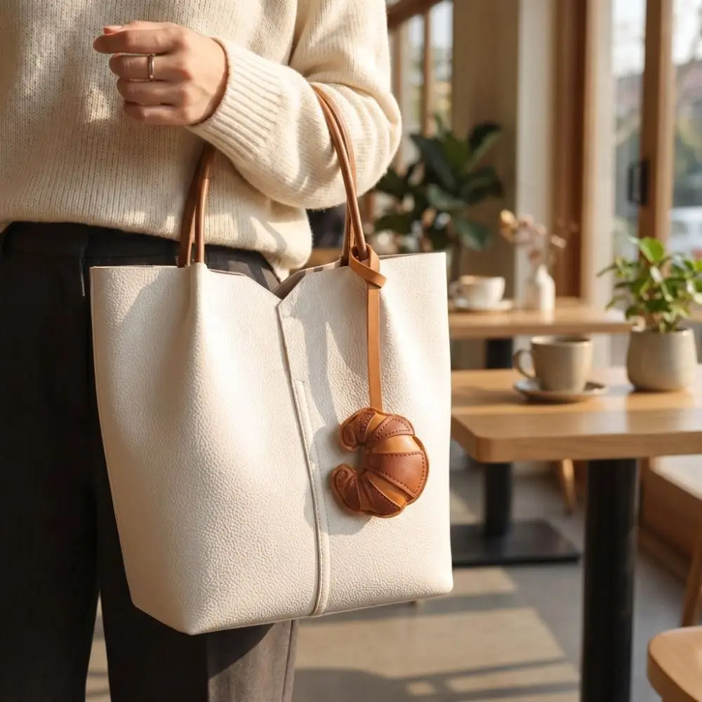 Cute Hanger Pu Leather Croissant Pendant Bread Shaped Fashion Bag Charm Creative Ox Horn Bag Decoration Car Keyring