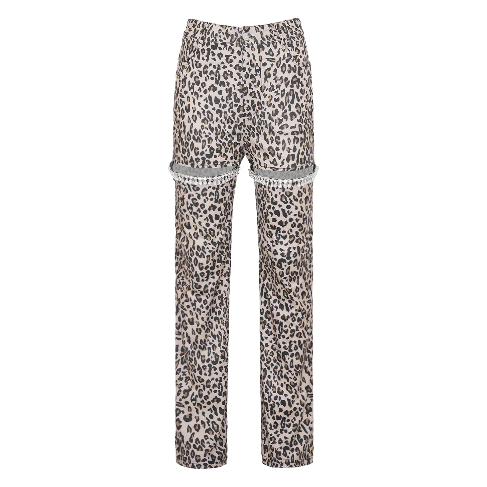 

Womens Wild Leopard Pattern Long Pants Legs Cutout with Rhinestone Trim Straight Leg Trousers for Night Out Party Streetwear