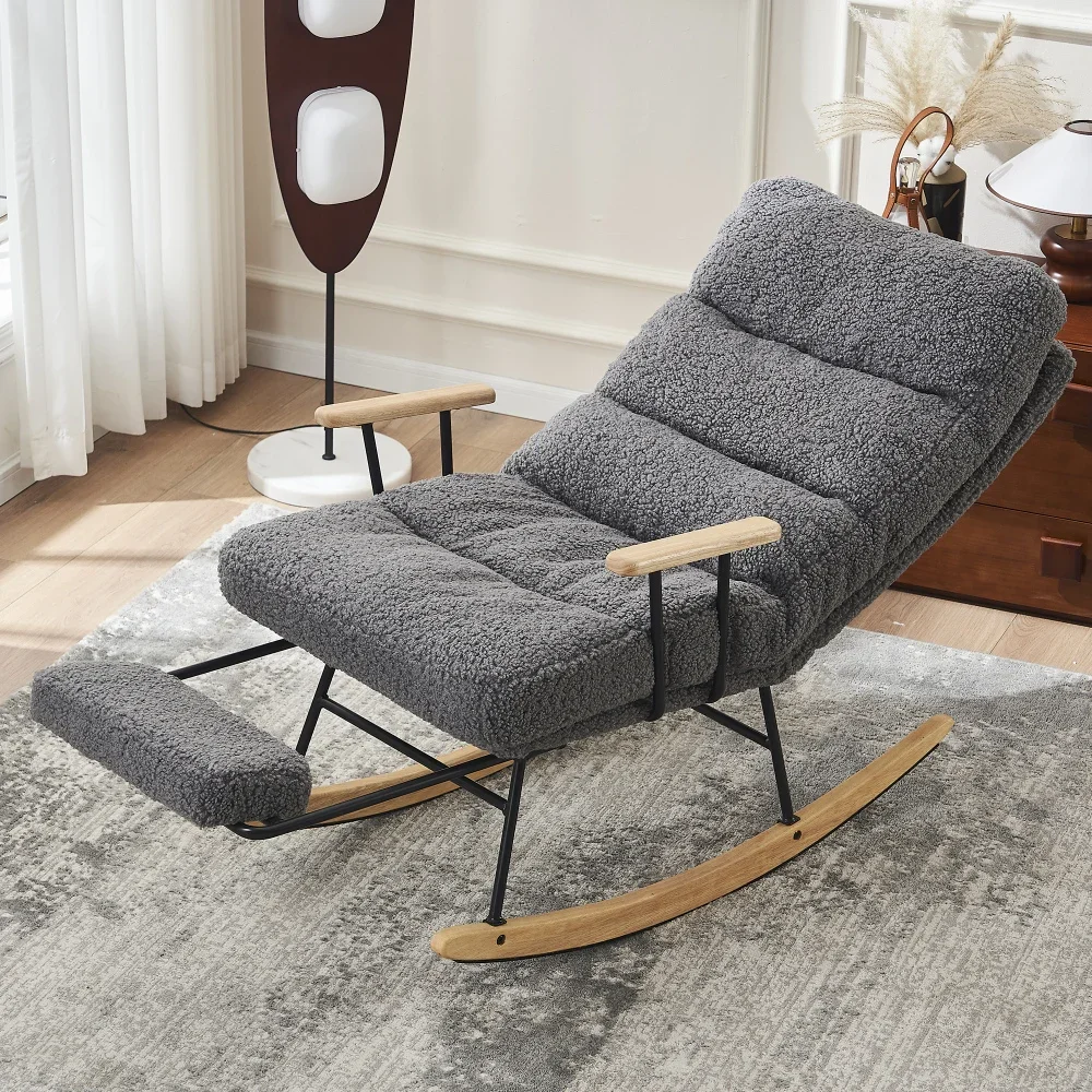 Modern Teddy Gliding Rocking Chair with High Back, Retractable Footrest Adjustable Back Angle for Nursery, Living Room Bedroom