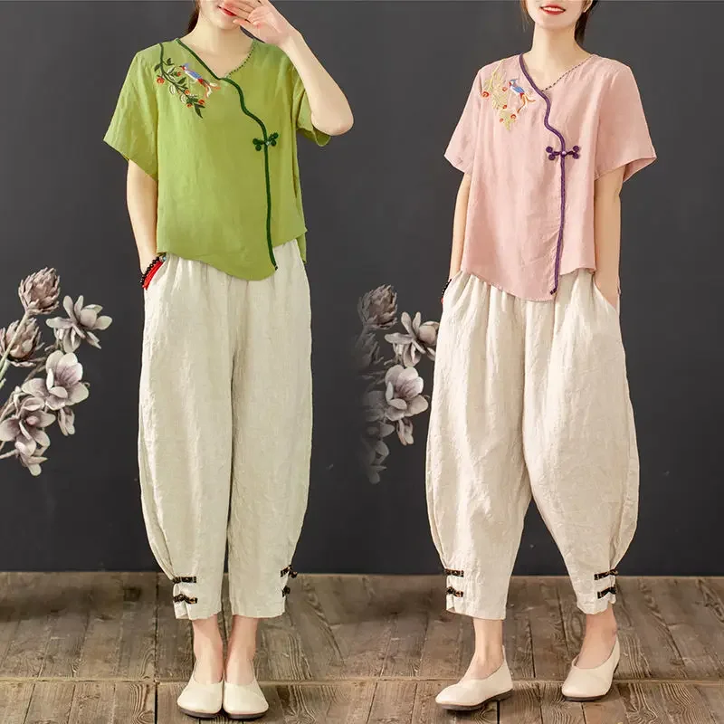 

2colors Women Cotton Linen Tang Suit Chinese Style Retro Embroidery Short Sleeve Qipao Shirts Cheongsam Top Harem Pants Clothing