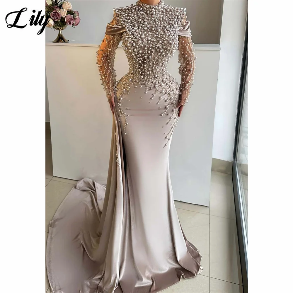 فساتين حفلات من الساتان باللون البيج الفاتح من Lily High - خط عنق عالي لؤلؤي - مزين بشبكة - أكمام حورية البحر Cus #1