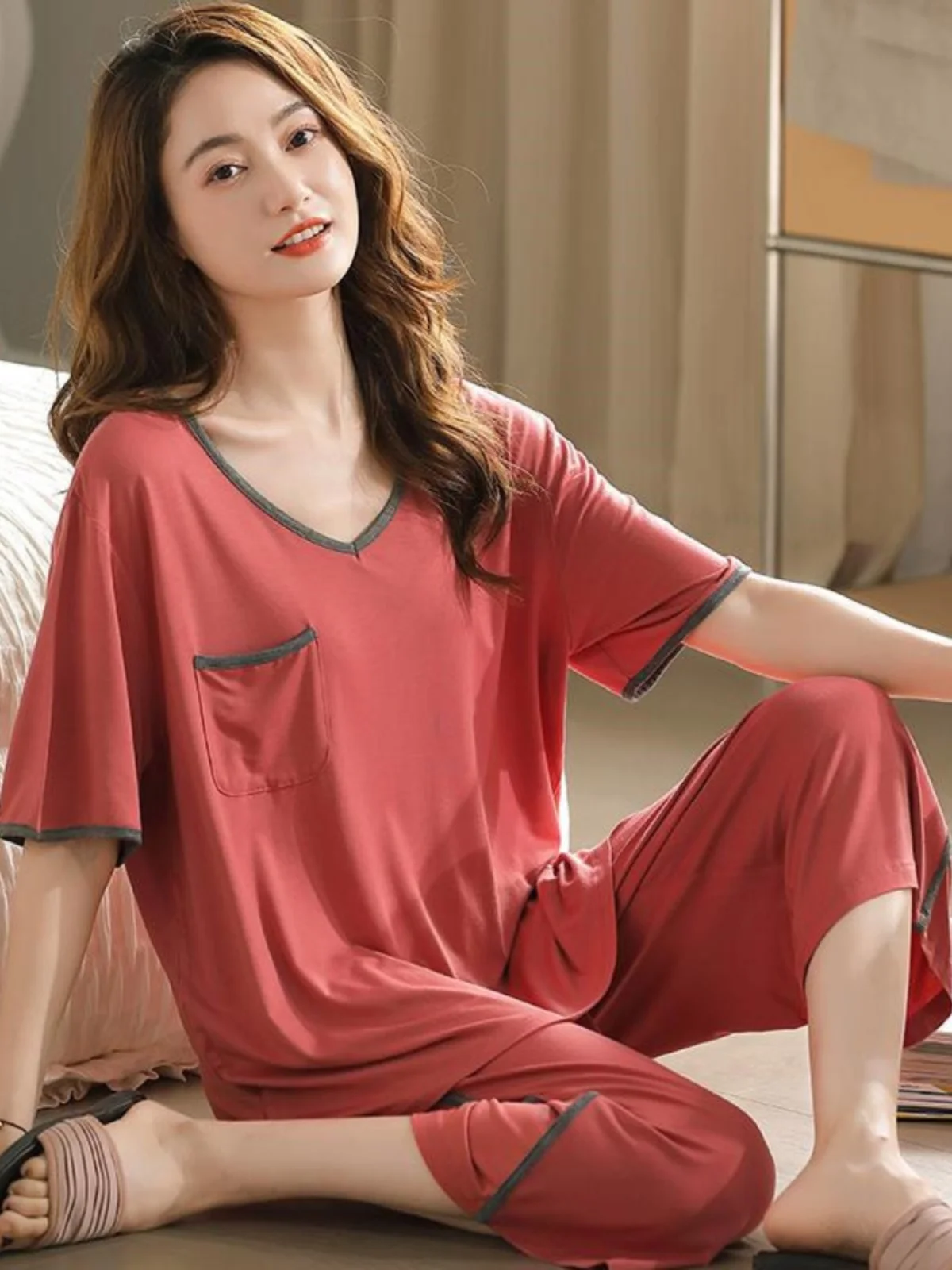 

Summer Special Large Size V-Neck Sleepwear Women's Loose Short Sleeve Seven-Piece Pants Home Clothes Thin Two-Piece Set