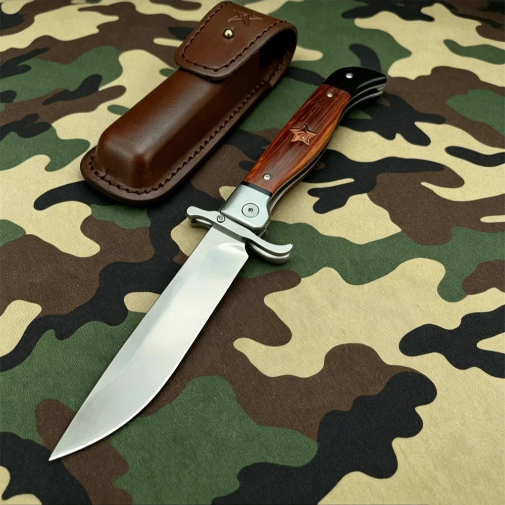 

Russian NKVD Folding Pocket Knife 440C Steel Wood Handle Comes with Leather Sheath EDC Outdoor Camping Fishing Hunting Tool