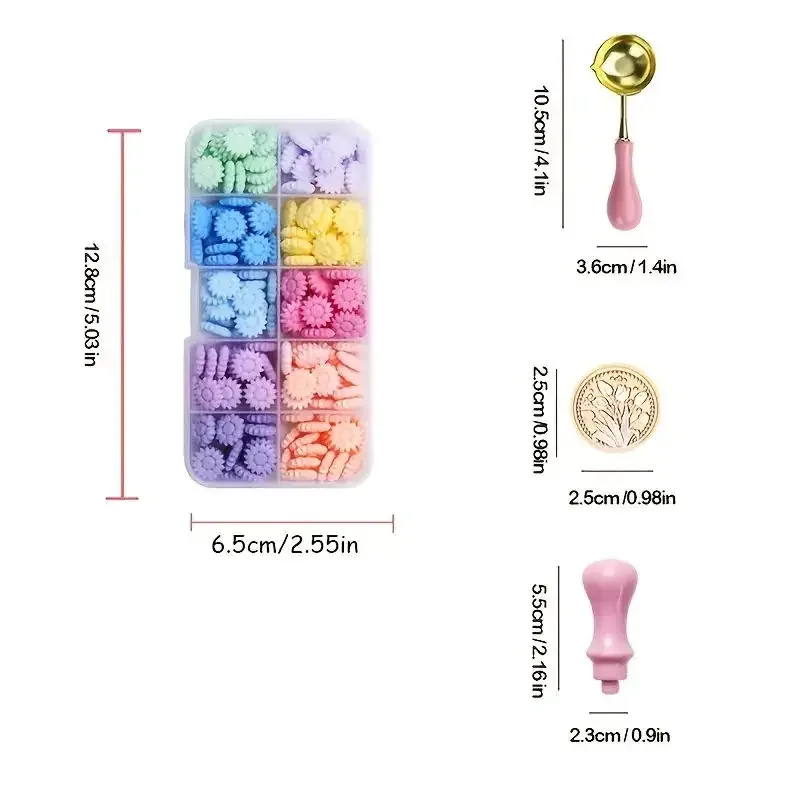 200 Stück Tulpen-Siegelwachs-Stempelset, 1 Siegelwachs-Stempelkopf aus Messing, 200 Stück Siegelwachsperlen, 1 Rosa Wachsschaber, 1 Rosa Holzgriff – Detail 1