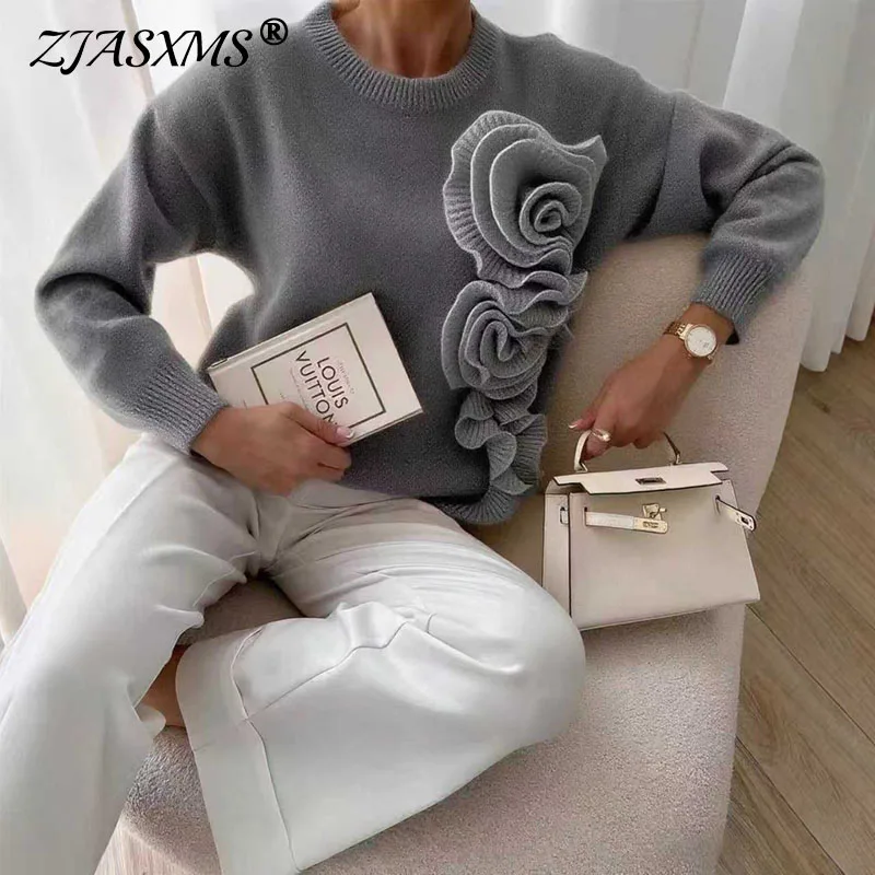 

Autumn Fashion 3D Flower Knitting Sweaters Elegant O Neck Ribbed Women Tops Pullover Winter Long Sleeve Knitwear Female Clothing