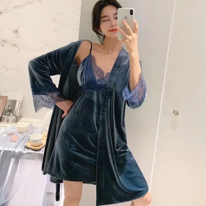 

Халат женский велюровый, кружевная ночная рубашка, домашняя одежда, комплект из двух предметов, бархатная одежда для сна, одежда для отдыха, Осень-зима