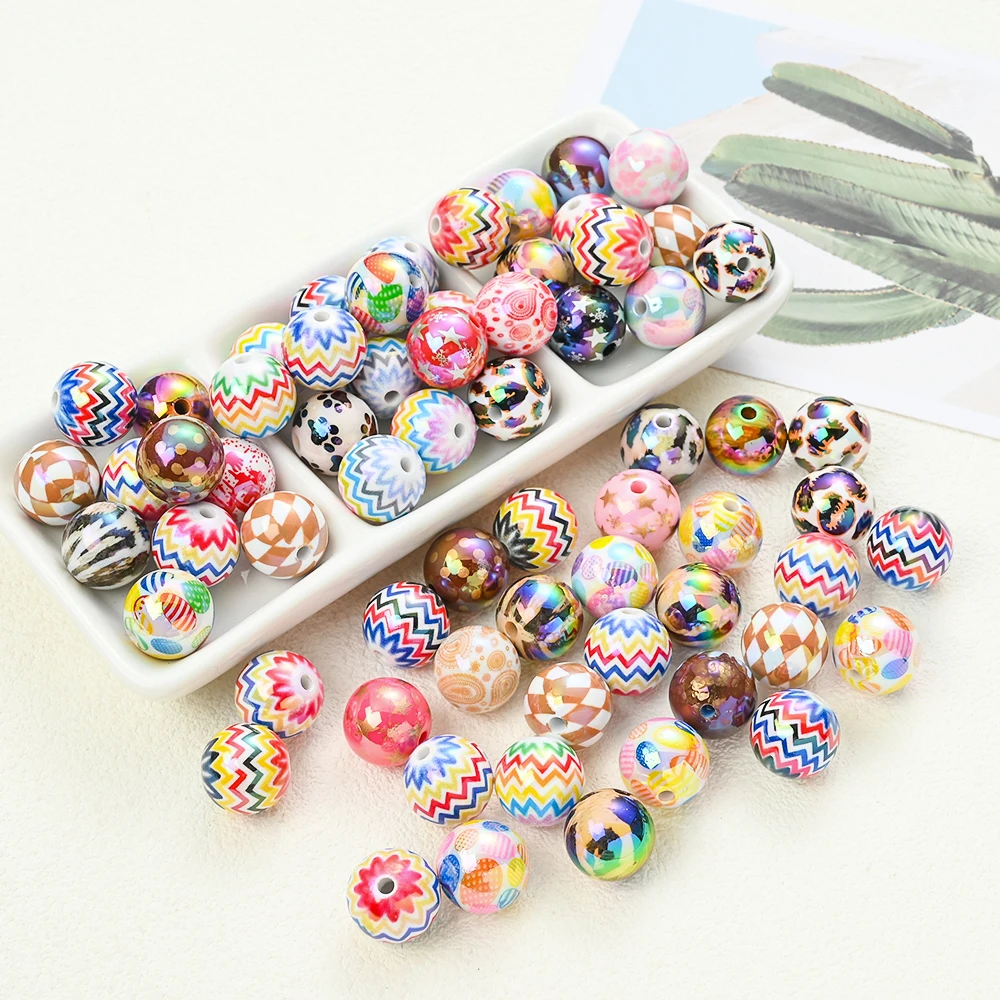 20Pcs Mixed Print Pattern Round Beads, Colorful Stripes Acrylic Beads Perfect For Pacifiers Chain,DIY Jewelry Making, Keychain