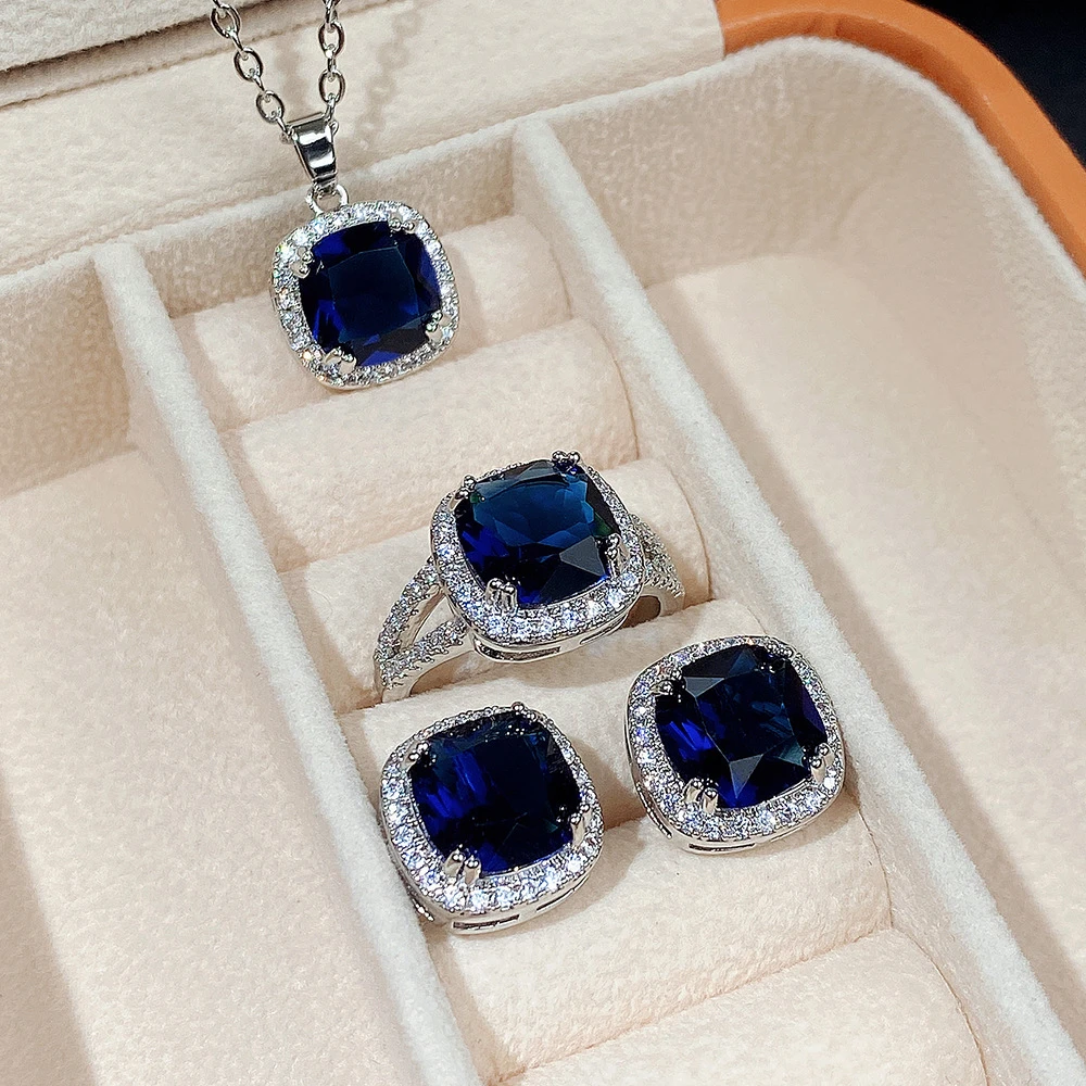 Luxury Dark Blue Zirconia Engagement Jewelry Set Beautiful Bridal Sparkle Wedding Accessories Romantic Valentine\'s Day Love Gift