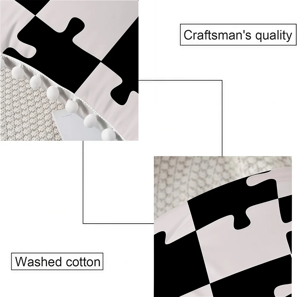 1PC Black White Puzzle Print Pillow Cover Pom Pom Tassel Edge Geometric Decorative Throw Pillow Sofa Couch Bedroom Home Decor