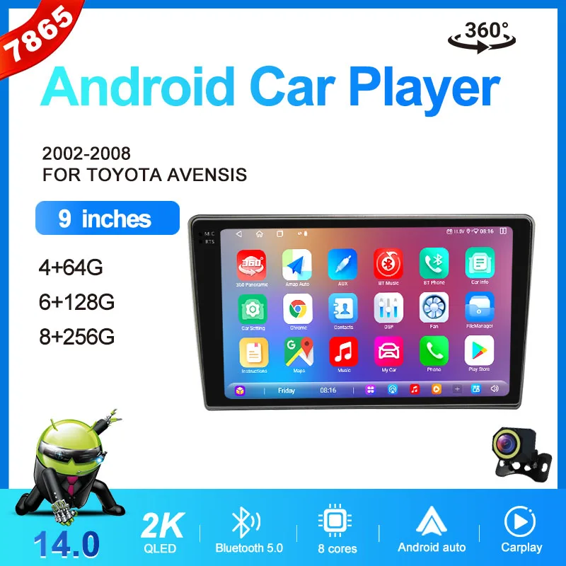 

MeiHua для Toyota Avensis 2002-2008 9-дюймовый автомобильный радиоприемник Android 14 Мультимедийный видеоплеер AI Voice CarPlay Авто голосовой блок 4G GPS
