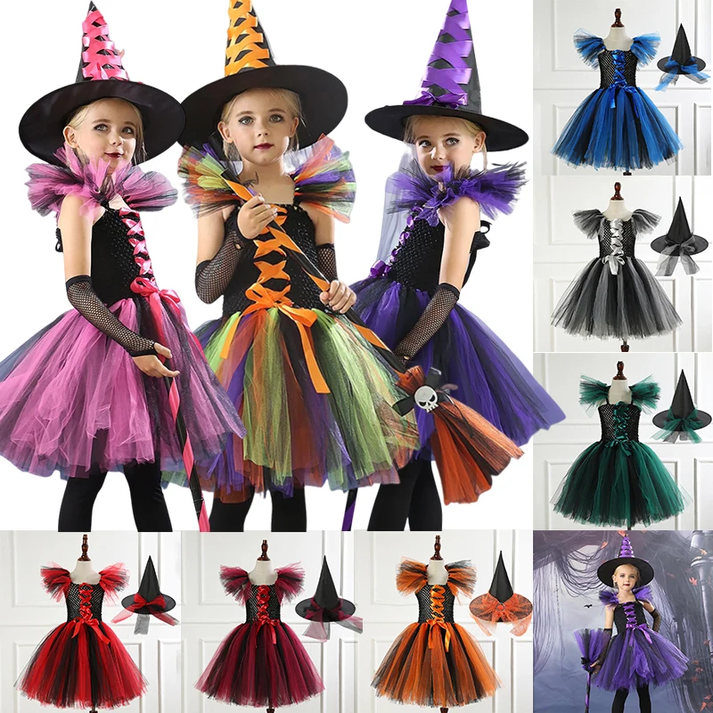 

New Halloween Costume for Kids Girls Witch Cosplay Tutu Knee Dress with Hat Broom Children Carnival Vestidos Fancy Dress Clothes