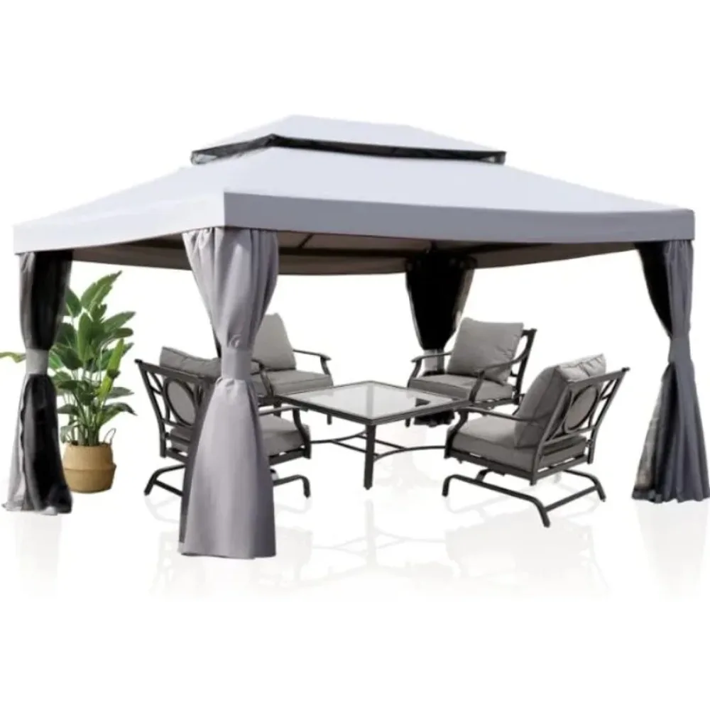 10x13 Ft Patio Gazebo,Outdoor Gazebo Canopy with Mosquito Netting and Curtains,Sturdy Straight Leg Tent Soft Top Gazebo