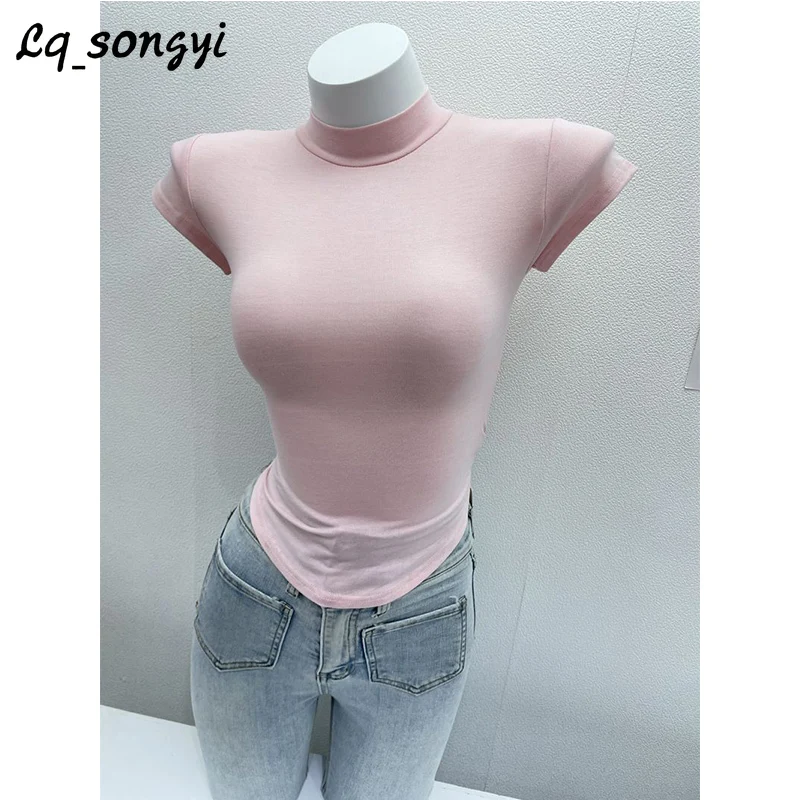 

Lq_songyi Basic Mock Neck T Shirts Women 2024 New Summer Spring Solid Tops Short Sleeve T Shirt See-through High Strech Sexy Top