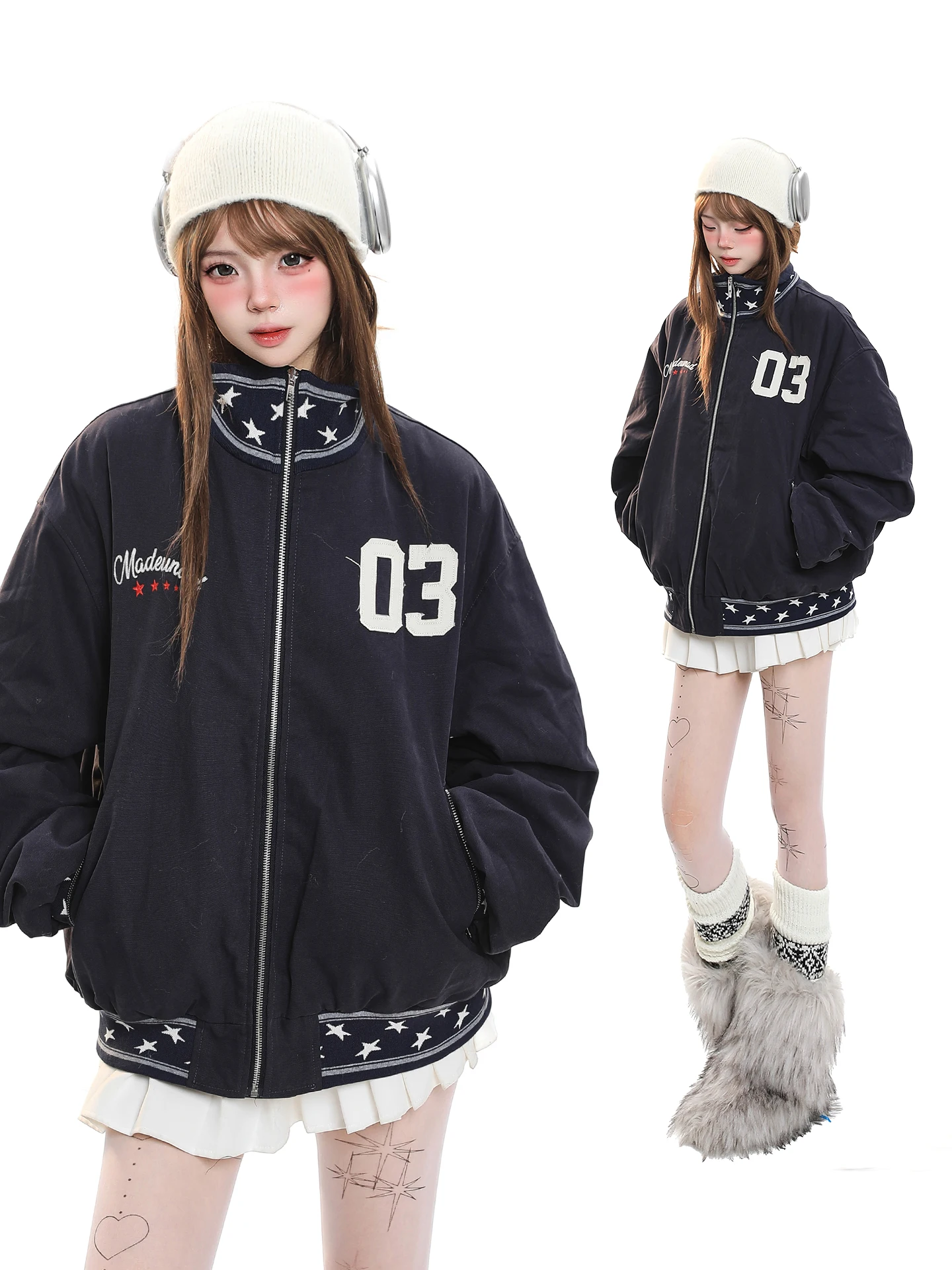 

Американская ретро-куртка с вышитым воротником, женская зимняя свободная повседневная утепленная хлопковая бейсбольная куртка