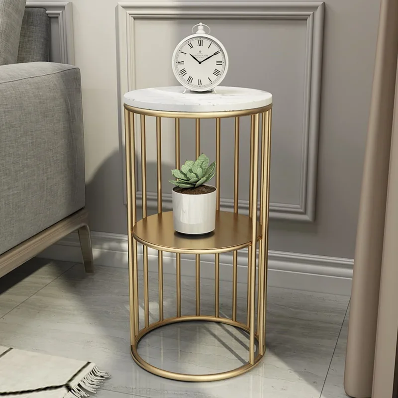 

Nordic Corner Furniture Simple Living Room Sofa Side Table Round Slate Coffee Tables Multi-layer Metal Storage Rack