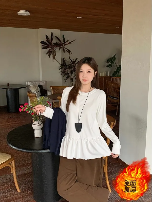 

plus Size Thickened Fleece Long Sleeve T-Shirt Autumn Winter New Style Loose Slimming Design Leaf Base Top Women's Fashion