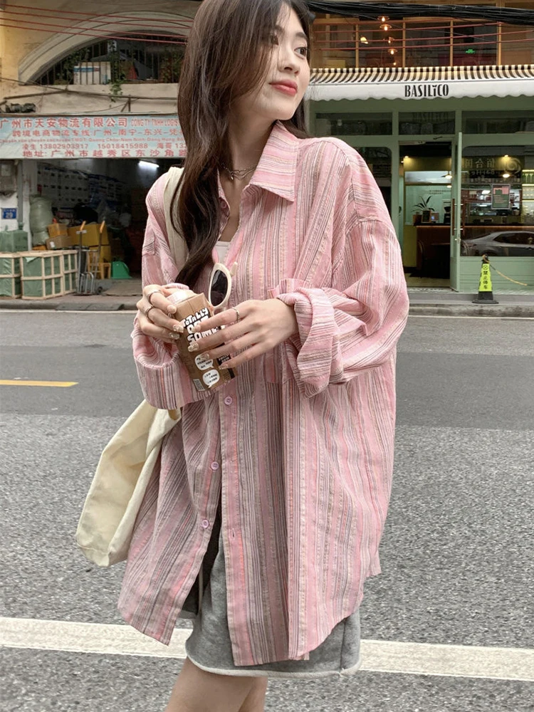 Jmprs Women Korean Striped Shirts Loose Long Sleeve Casual Sweet Blouse Retro Fall New Lazy Wind Female Vintage Pocket Soft Tops