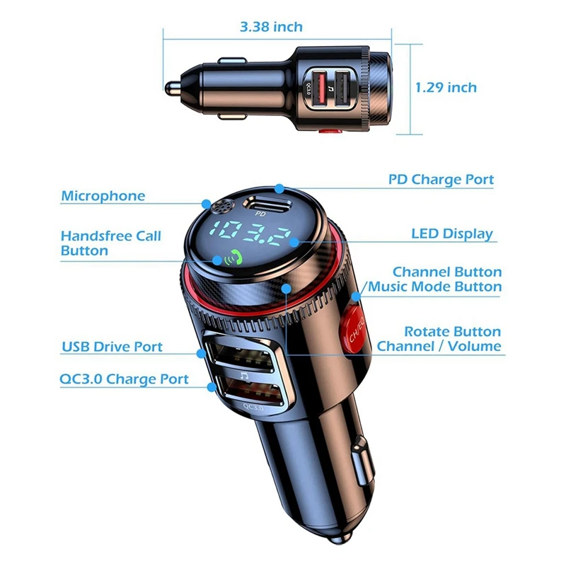 Car Bluetooth Adapter, Wireless FM Transmitter,Dual Fast Charging, Cigarette Lighter Radio MP3 Player, Hifi Bass Sound